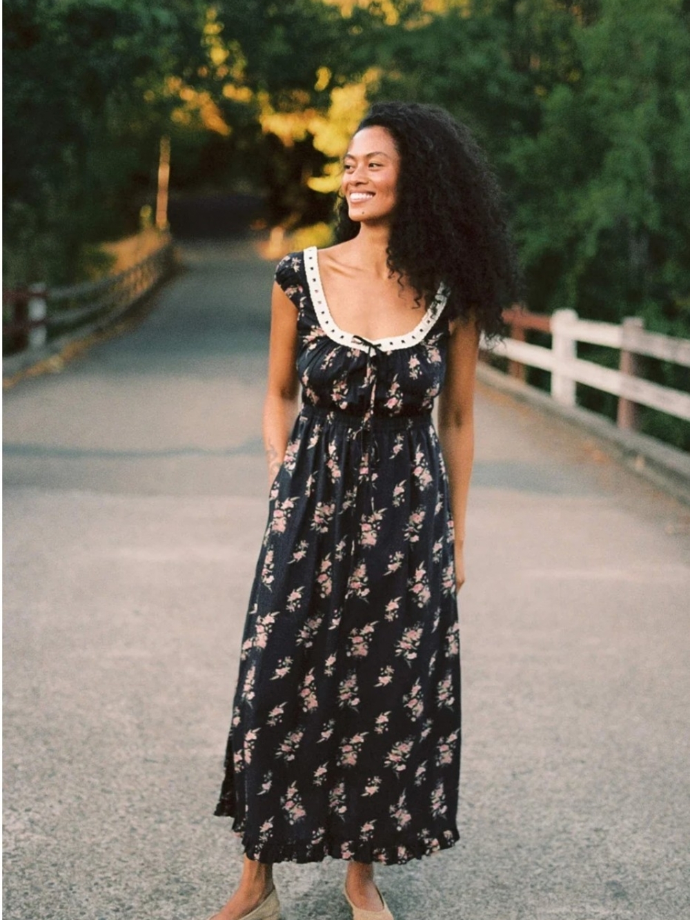 Christy Dawn Black Maxi Dress with Pink Floral Print and Cream Lace